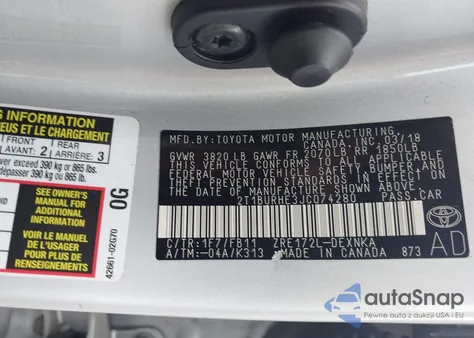 2018 Toyota Corolla Le из США, поврежденный, VIN 2T1BURHE3JC074280